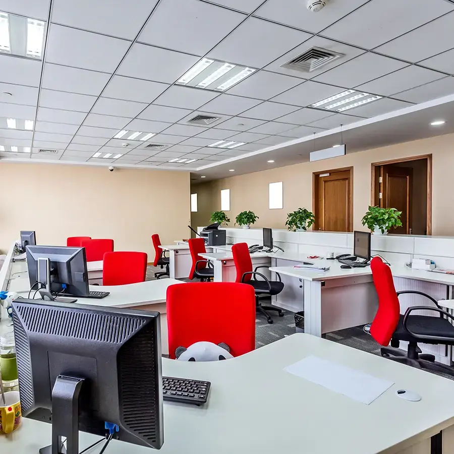 Office space with red chairs